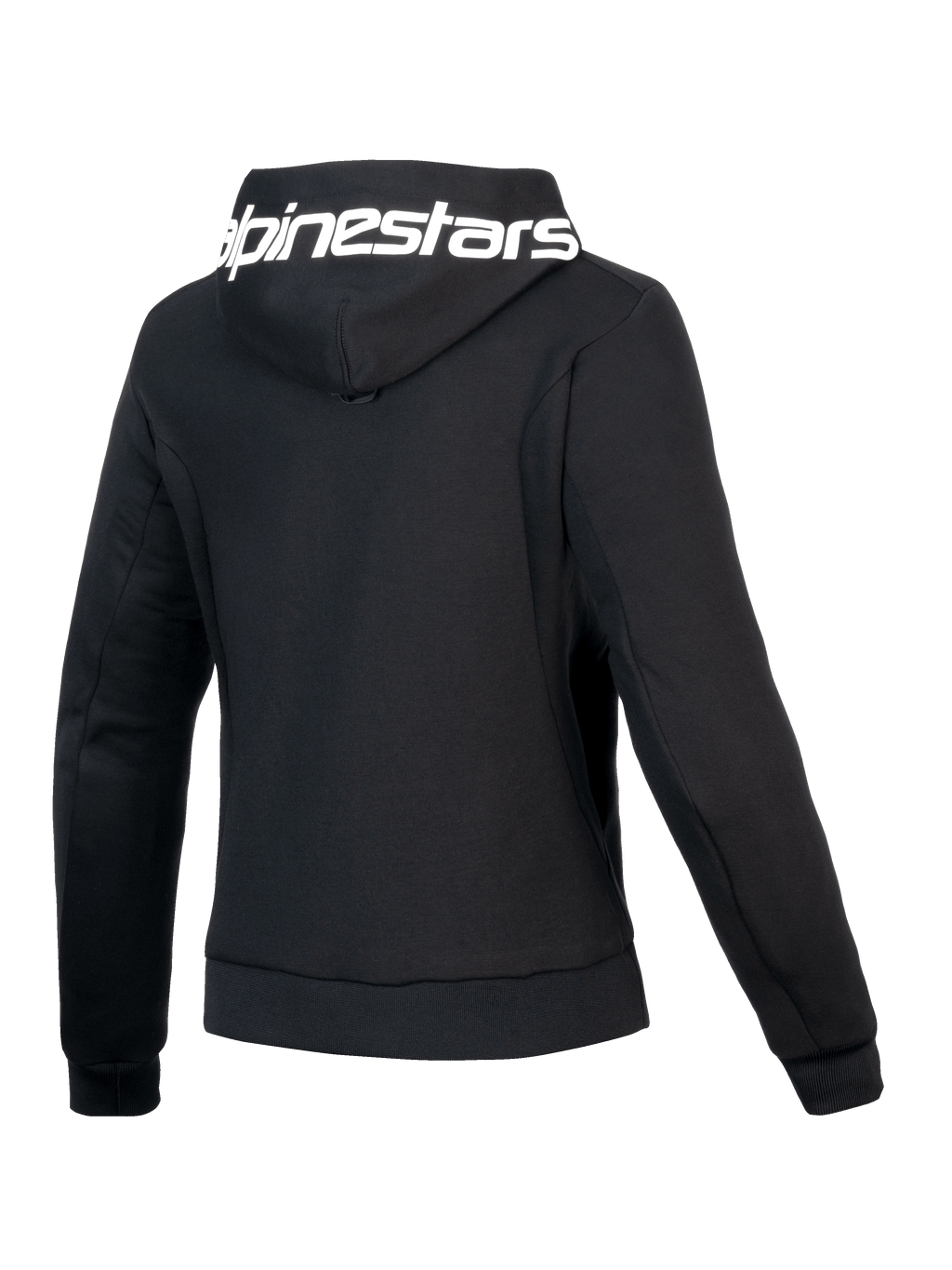 Alpinestars Sudadera Stella Chrome V2 Sport, sudadera de moto para mujer, negra y blanca, vista trasera con capucha con logotipo de la marca y ajuste atlético