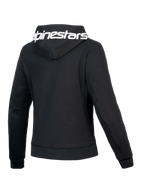 Alpinestars Sudadera Stella Chrome V2 Sport, sudadera de moto para mujer, negra y blanca, vista trasera con capucha con logotipo de la marca y ajuste atlético
