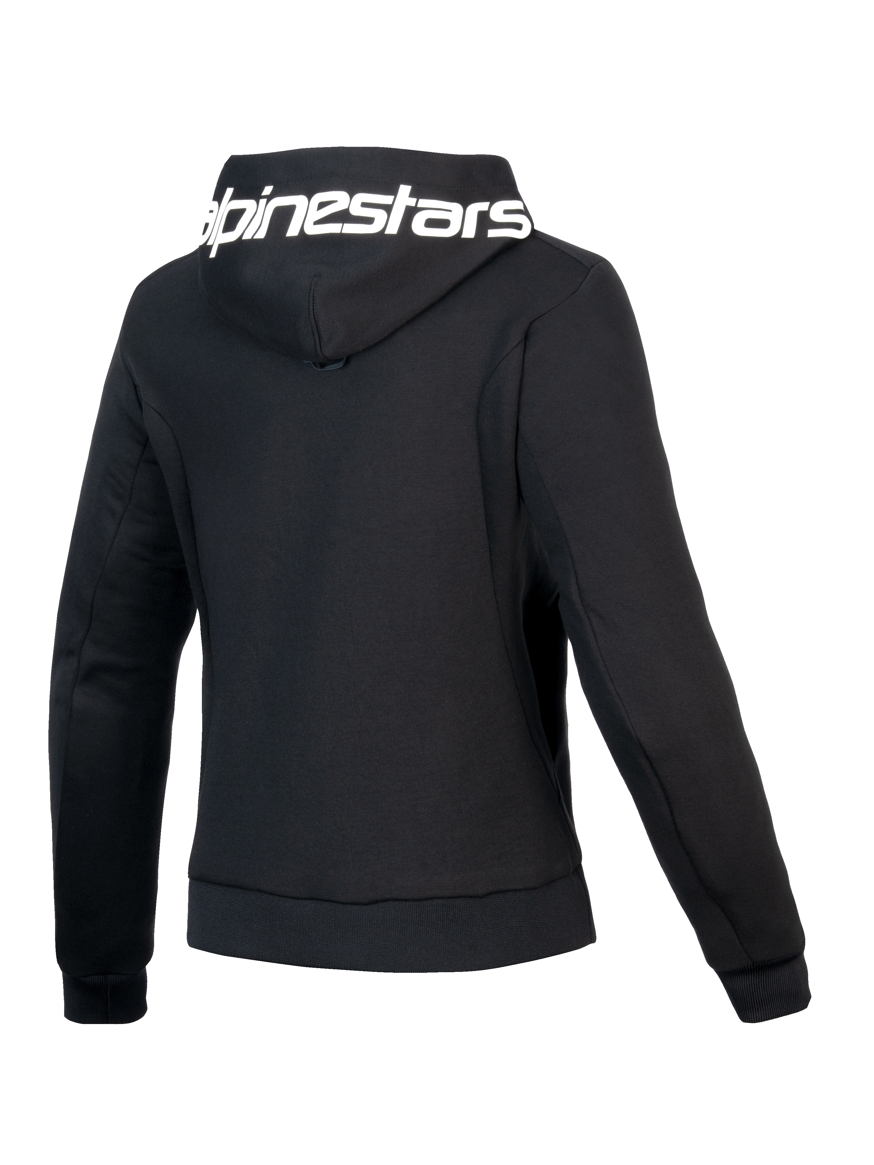 Alpinestars Sudadera Stella Chrome V2 Sport, sudadera de moto para mujer, negra y blanca, vista trasera con capucha con logotipo de la marca y ajuste atlético