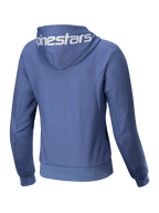 Alpinestars Stella Chrome V2, sudadera de moto para mujer, azul violeta y blanca, forro polar técnico con logo en la capucha.