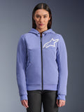 Alpinestars Stella Chrome V2 Sport Hoodie, sudadera de moto para mujer, azul violeta con logotipo de estrella blanca, cremallera frontal completa, cierre de capucha con botones a presión, material de forro polar técnico para conducción urbana, chaqueta de moto protectora casual