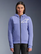 Alpinestars Stella Chrome V2 Sport Hoodie, sudadera de moto para mujer, azul violeta con logotipo de estrella blanca, cremallera frontal completa, cierre de capucha con botones a presión, material de forro polar técnico para conducción urbana, chaqueta de moto protectora casual