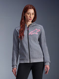 Alpinestars Stella Chrome V2 Sport Hoodie, sudadera de moto para mujer, gris jaspeado con logo de estrella en rosa flúor, tejido técnico de forro polar con puños y dobladillo acanalados, cremallera frontal negra con tirador rosa, ropa urbana casual de estilo streetwear combinada con pantalones negros