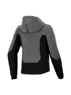 Sudadera técnica Alpinestars Stella Radium para mujer, vista trasera, gris oscuro y negro, sudadera urbana para moto con capa exterior cortavientos, diseño de bloques de colores, logotipo de Alpinestars en la capucha y puños acanalados.