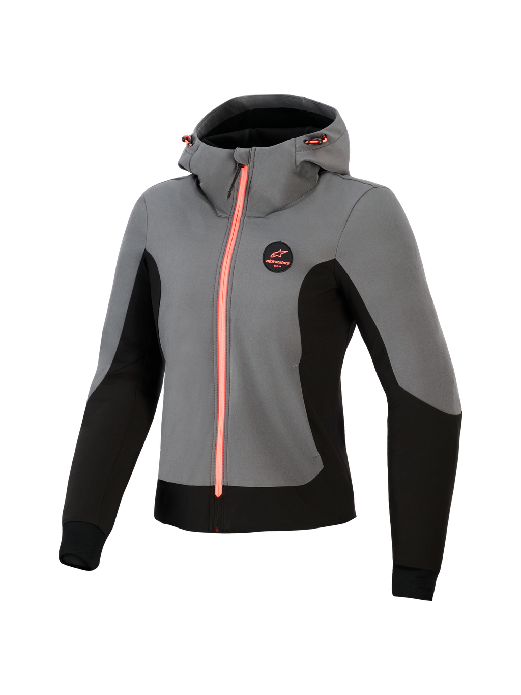 Alpinestars Woman Stella Radium Tech Hoodie, sudadera técnica para motocicleta, gris oscuro y negro con detalles en coral brillante, capa exterior cortavientos de 3 capas, diseño para conducción urbana, capucha ajustable y ajuste atlético
