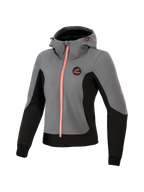 Alpinestars Woman Stella Radium Tech Hoodie, sudadera técnica para motocicleta, gris oscuro y negro con detalles en coral brillante, capa exterior cortavientos de 3 capas, diseño para conducción urbana, capucha ajustable y ajuste atlético