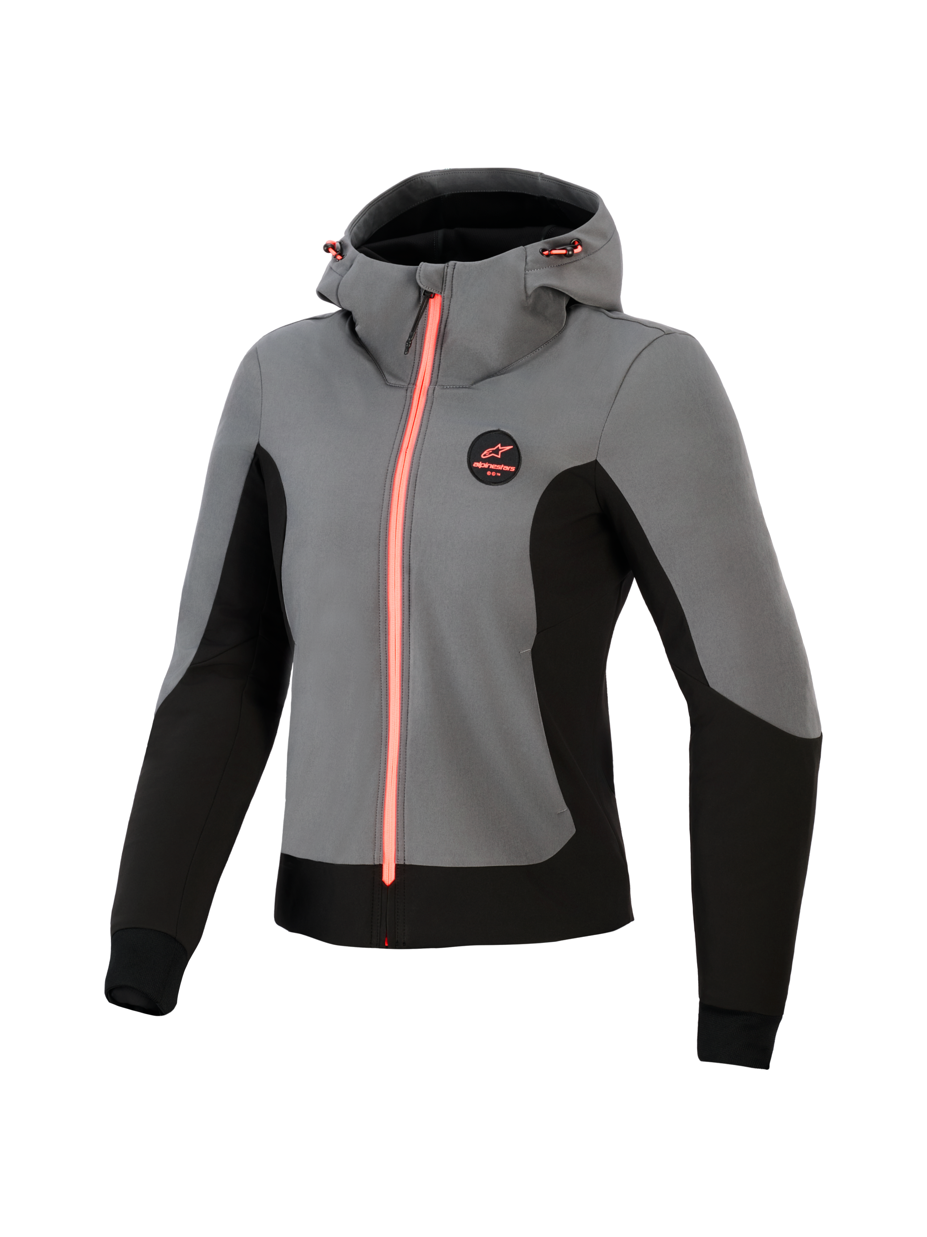 Alpinestars Woman Stella Radium Tech Hoodie, sudadera técnica para motocicleta, gris oscuro y negro con detalles en coral brillante, capa exterior cortavientos de 3 capas, diseño para conducción urbana, capucha ajustable y ajuste atlético