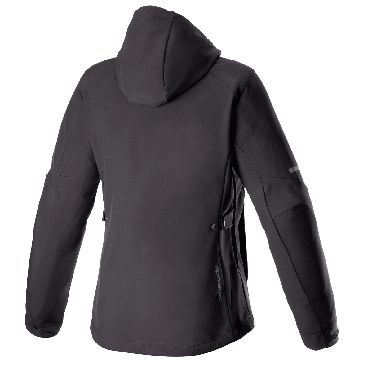 Alpinestars Stella Neo Waterproof Hoodie para mujer, vista trasera, color negro, con construcción de softshell técnico, capucha desmontable, logotipo vertical sutil en la parte inferior de la espalda y ajuste aerodinámico específico para mujer para conducción urbana.