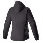 Alpinestars Women Stella Neo Waterproof Hoodie, Rear View, Black Black, featuring a technical softshell construction with a detachable hood, subtle vertical branding on the lower back, and a streamlined women-specific fit for urban riding.