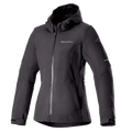 Alpinestars Stella Neo Waterproof Hoodie, Women's Motorcycle Jacket, Black, hooded design with central front zipper, adjustable cuffs, technical softshell fabric, tailored women's fit with chest branding