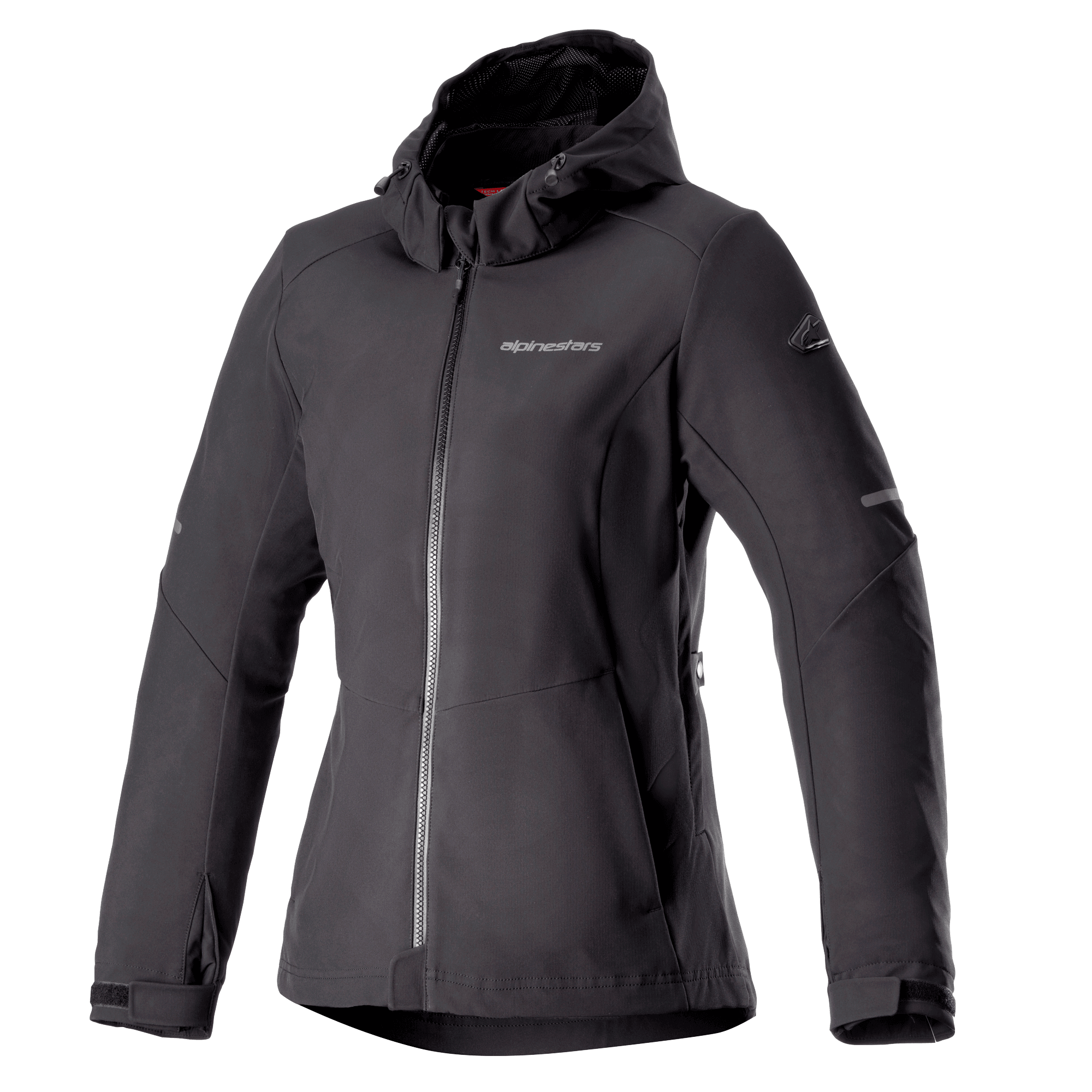 Alpinestars Stella Neo Waterproof Hoodie, chaqueta de moto para mujer, negra, diseño con capucha y cremallera frontal central, puños ajustables, tejido softshell técnico, ajuste entallado femenino con logotipo en el pecho