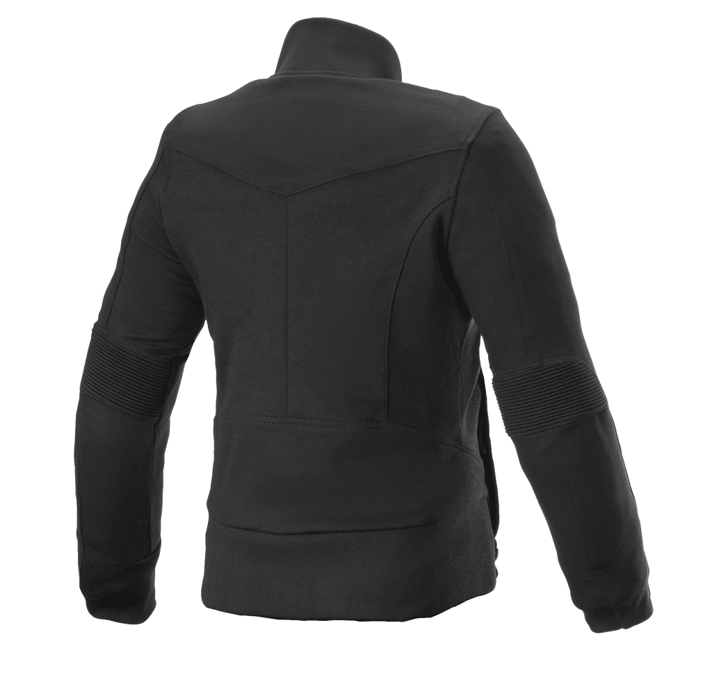 Forro Polar Banshee para Mujer de Alpinestars, chaqueta de moto para mujer, negro, vista trasera, construcción de forro polar casual con paneles acanalados en los codos y dobladillo inferior, diseño de perfil anatómico