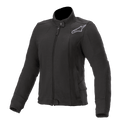 Alpinestars Women's Banshee Fleece, chaqueta de moto negra, cuello alto con botón de presión y cremallera frontal, logotipo de Astars gris bordado en el pecho, puños y dobladillo acanalados, diseño ajustado para conducción urbana