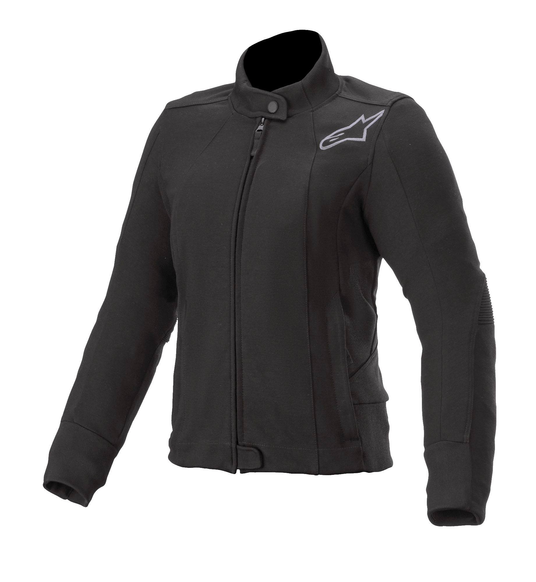 Alpinestars Women's Banshee Fleece, chaqueta de moto negra, cuello alto con botón de presión y cremallera frontal, logotipo de Astars gris bordado en el pecho, puños y dobladillo acanalados, diseño ajustado para conducción urbana