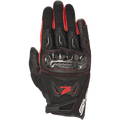 Guantes Alpinestars Honda SMX-2 Air Carbon V2, guantes deportivos para moto, negro y rojo, con protector de nudillos de fibra de carbono, estructura de malla 3D y cuero, logotipo de ala de Honda y costuras en rojo, diseño de puño corto para conducción urbana de alto rendimiento.