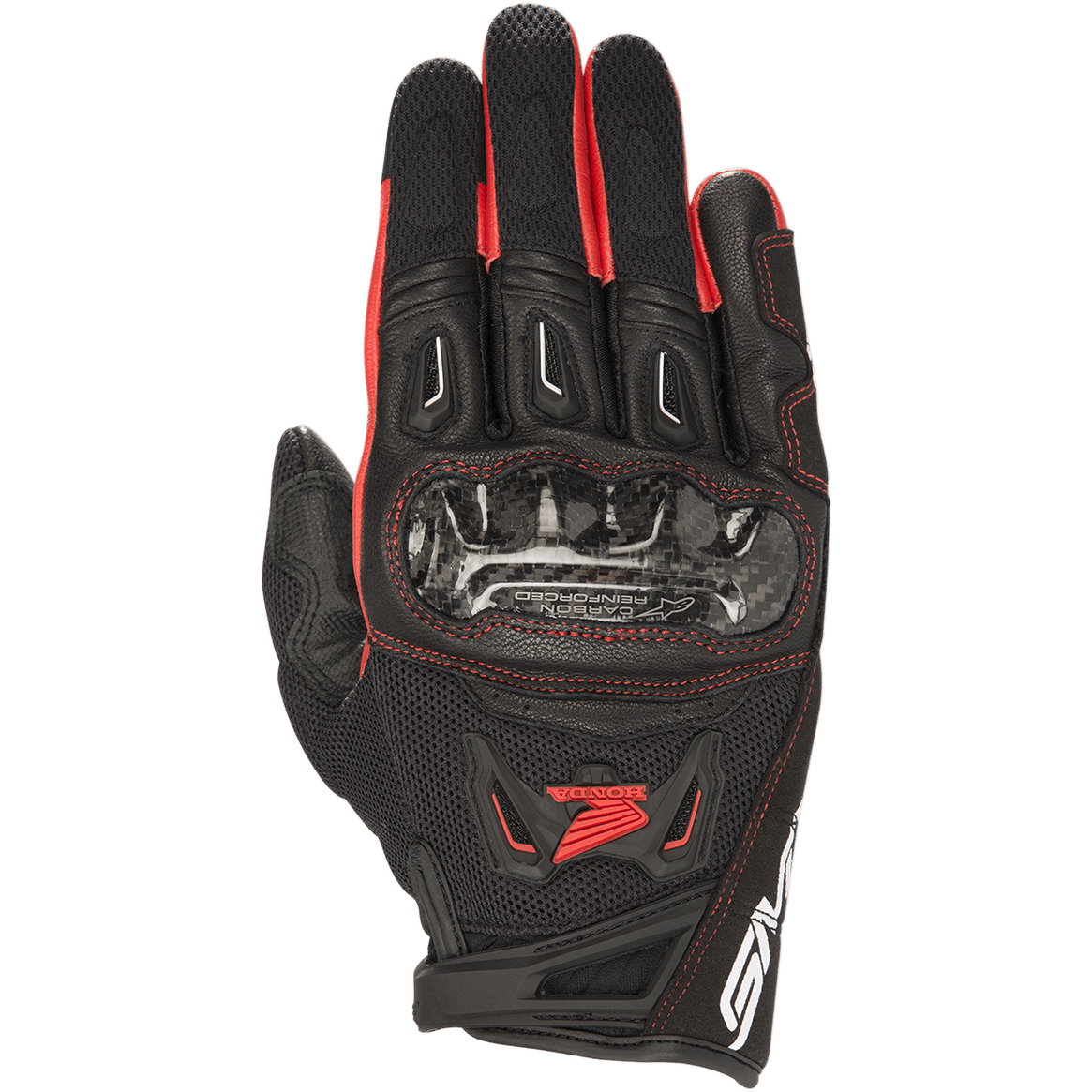 Guantes Alpinestars Honda SMX-2 Air Carbon V2, guantes deportivos para moto, negro y rojo, con protector de nudillos de fibra de carbono, estructura de malla 3D y cuero, logotipo de ala de Honda y costuras en rojo, diseño de puño corto para conducción urbana de alto rendimiento.