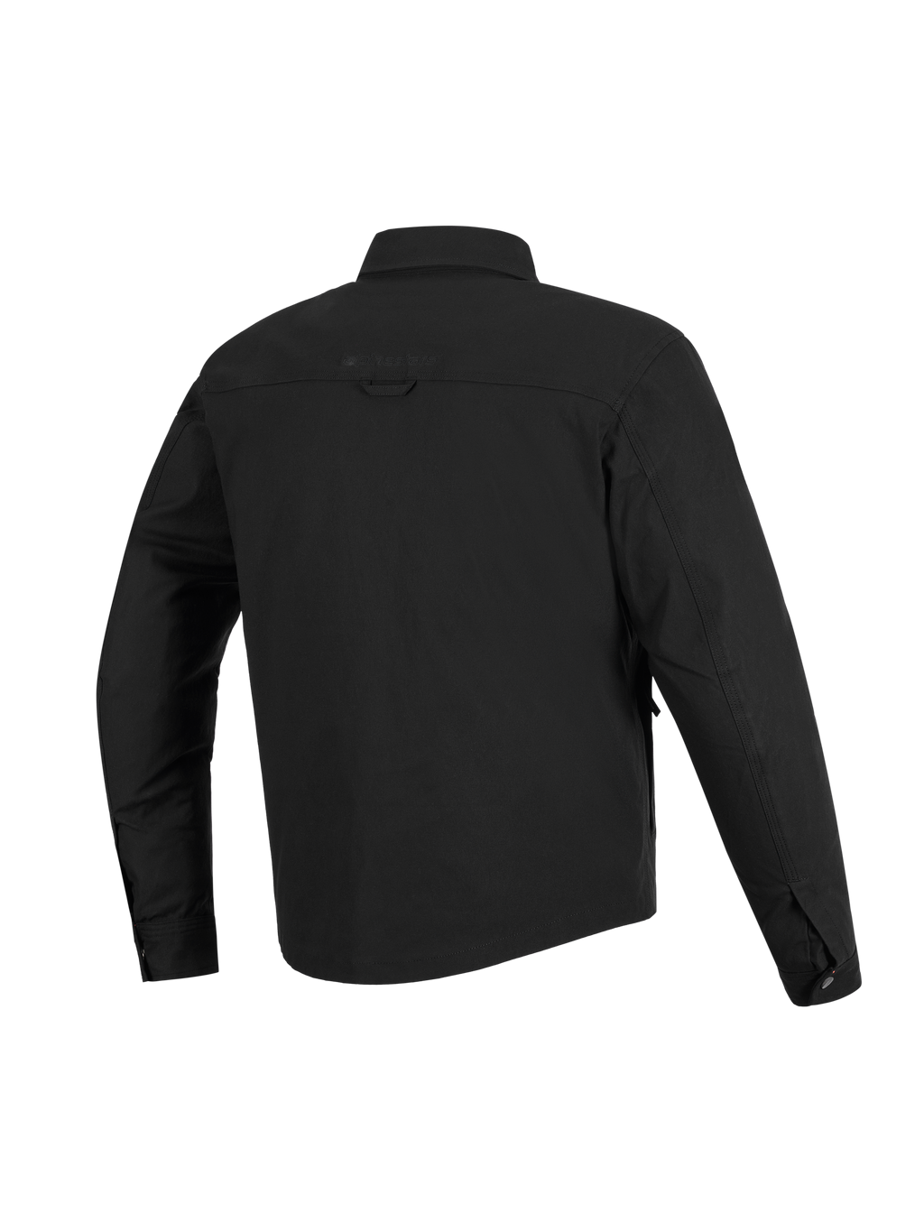 Sobrecamisa Alpinestars Bryon resistente al agua, negro, vista posterior, confeccionada en lona encerada duradera, con canesú horizontal en los hombros, presilla trasera para colgar y parte trasera ligeramente más larga para mayor cobertura al conducir motocicletas.