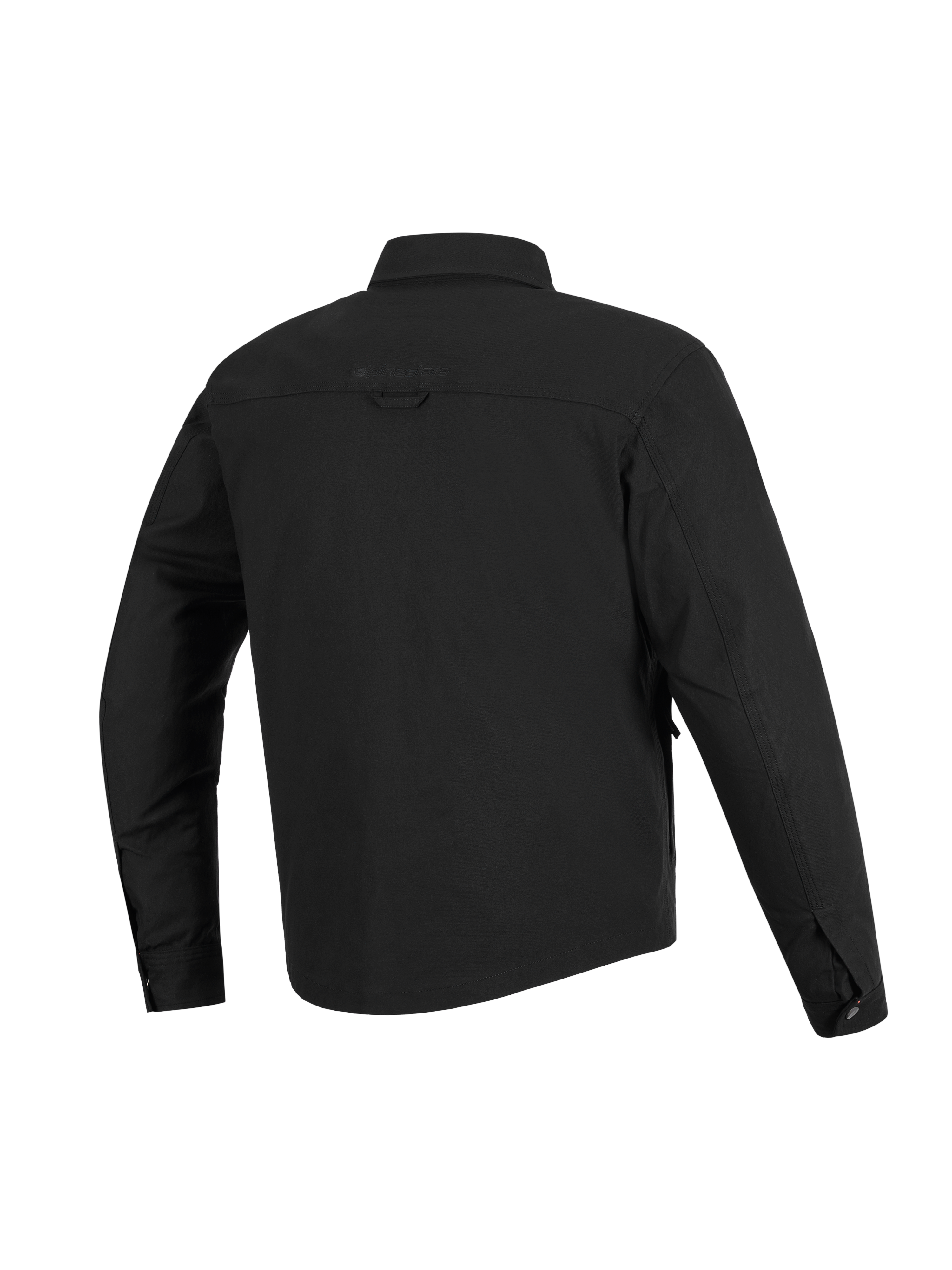Sobrecamisa Alpinestars Bryon resistente al agua, negro, vista posterior, confeccionada en lona encerada duradera, con canesú horizontal en los hombros, presilla trasera para colgar y parte trasera ligeramente más larga para mayor cobertura al conducir motocicletas.