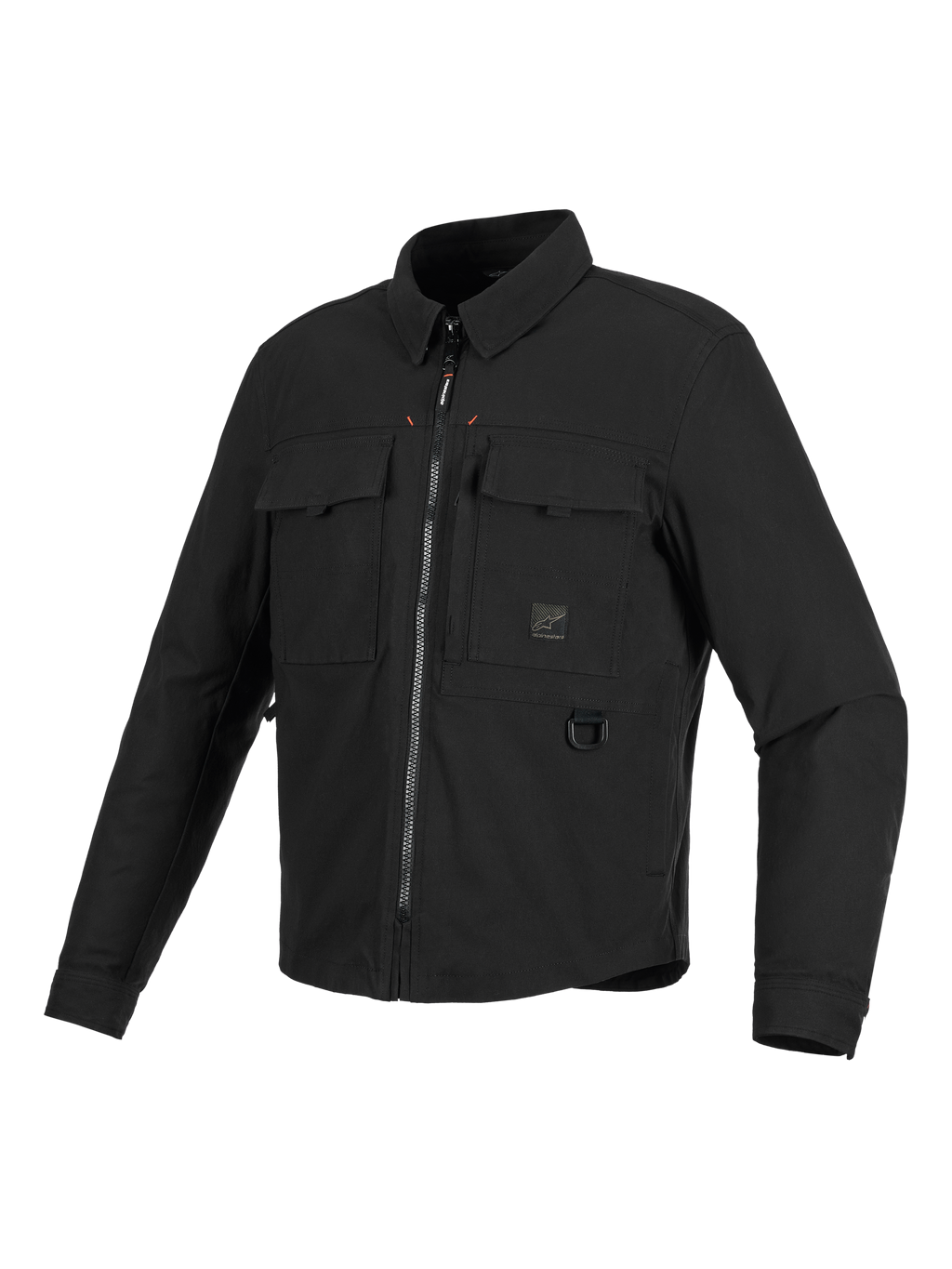 Alpinestars Bryon Water Resistant Overshirt, chaqueta de moto negra, vista frontal de tres cuartos, diseño inspirado en ropa de trabajo con bolsillos tipo cargo en el pecho, anilla metálica en D y cremallera frontal, textura de lona encerada resistente.