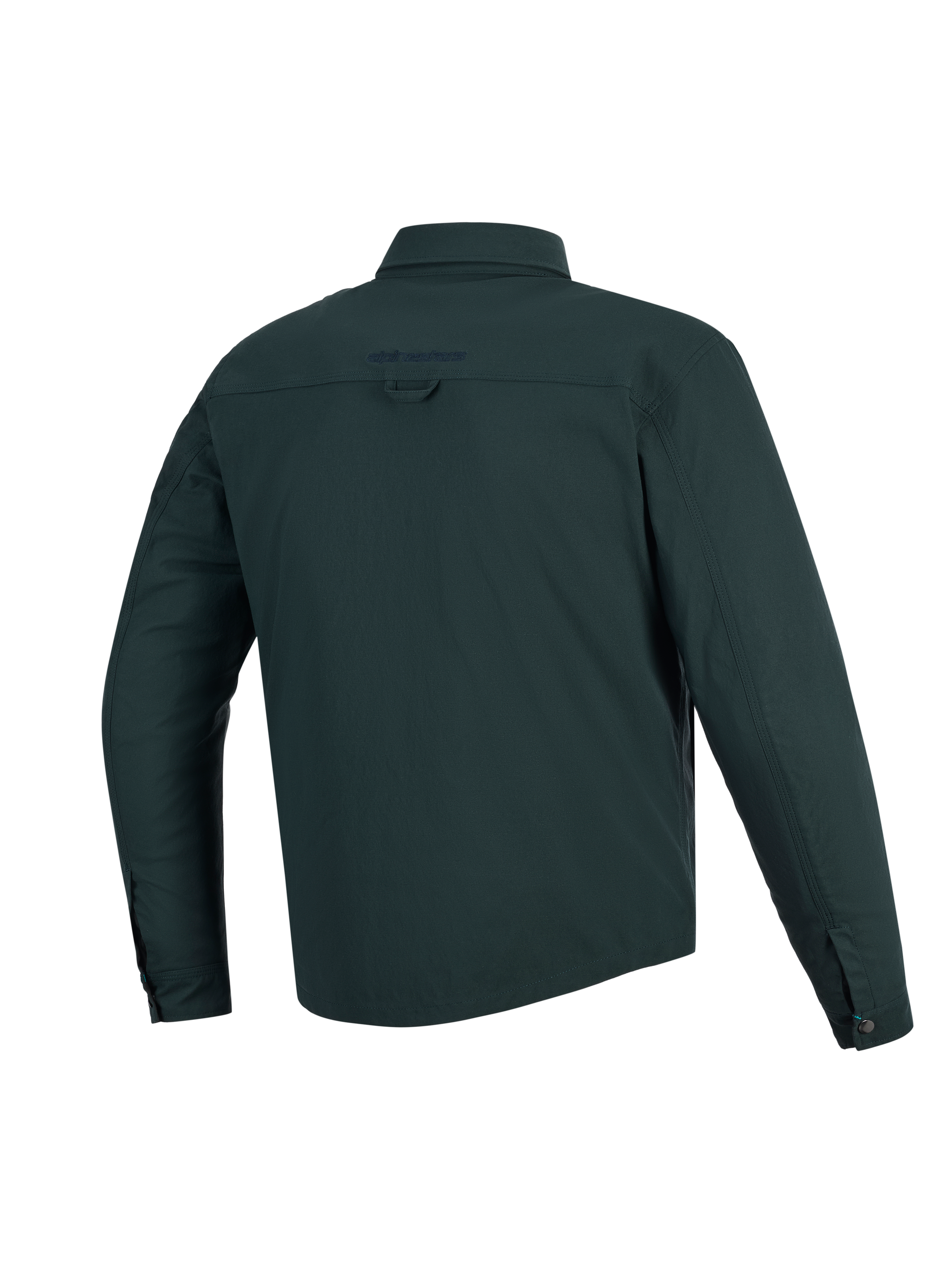 Sobrecamisa Alpinestars Bryon Water Resistant, Dark Emerald, vista trasera, chaqueta de moto de lona encerada resistente al agua, presenta un logotipo bordado en la parte superior de la espalda, lazo trasero para colgar y perfil trasero más largo para mayor cobertura