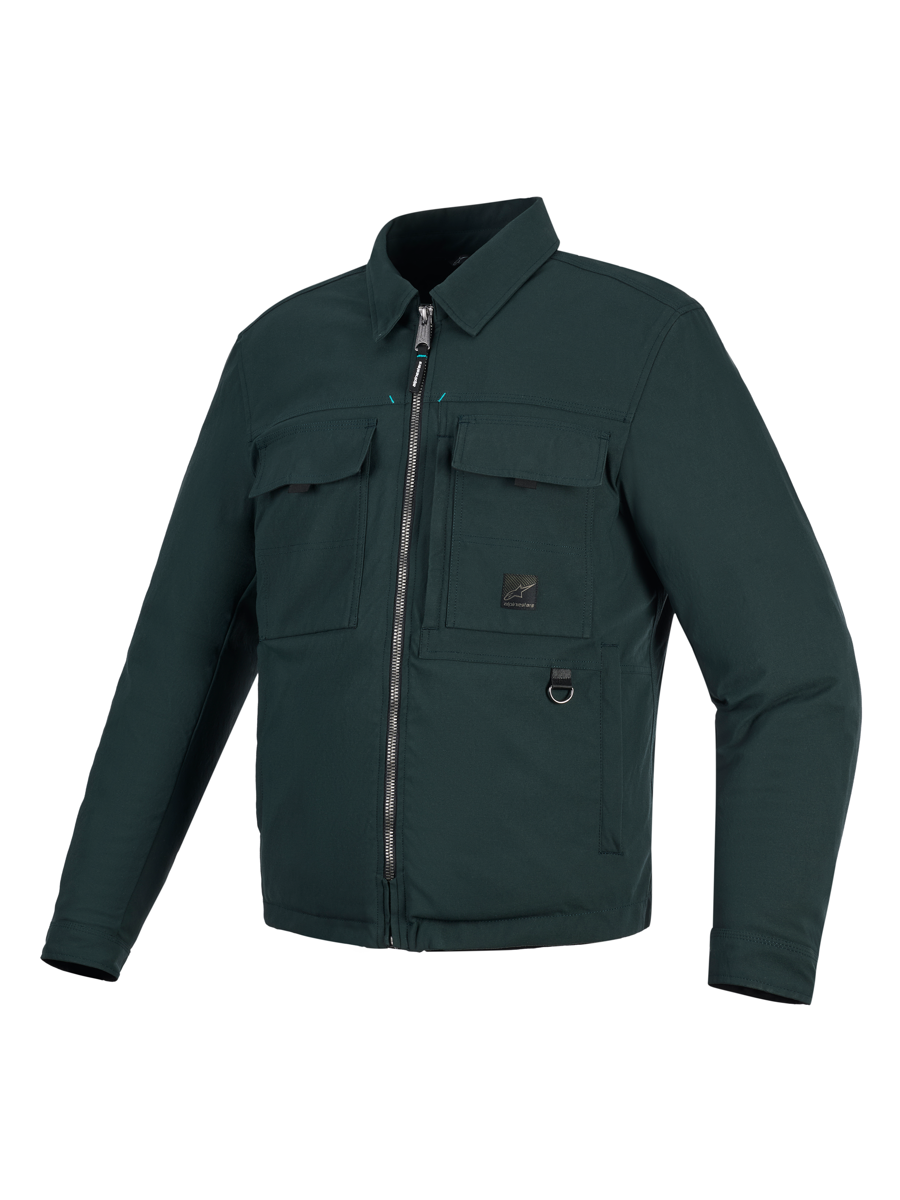 Alpinestars Bryon Water Resistant Overshirt, chaqueta de moto, color verde esmeralda oscuro, diseño inspirado en la ropa de trabajo con lona encerada, dos bolsillos cargo en el pecho, anillo en D metálico y cremallera frontal completa.