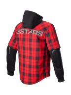Camisa Alpinestars MO.ST.EQ Tartan, chaqueta de moto de hombre, roja y negra, con protección de codo expuesta y capucha fija.