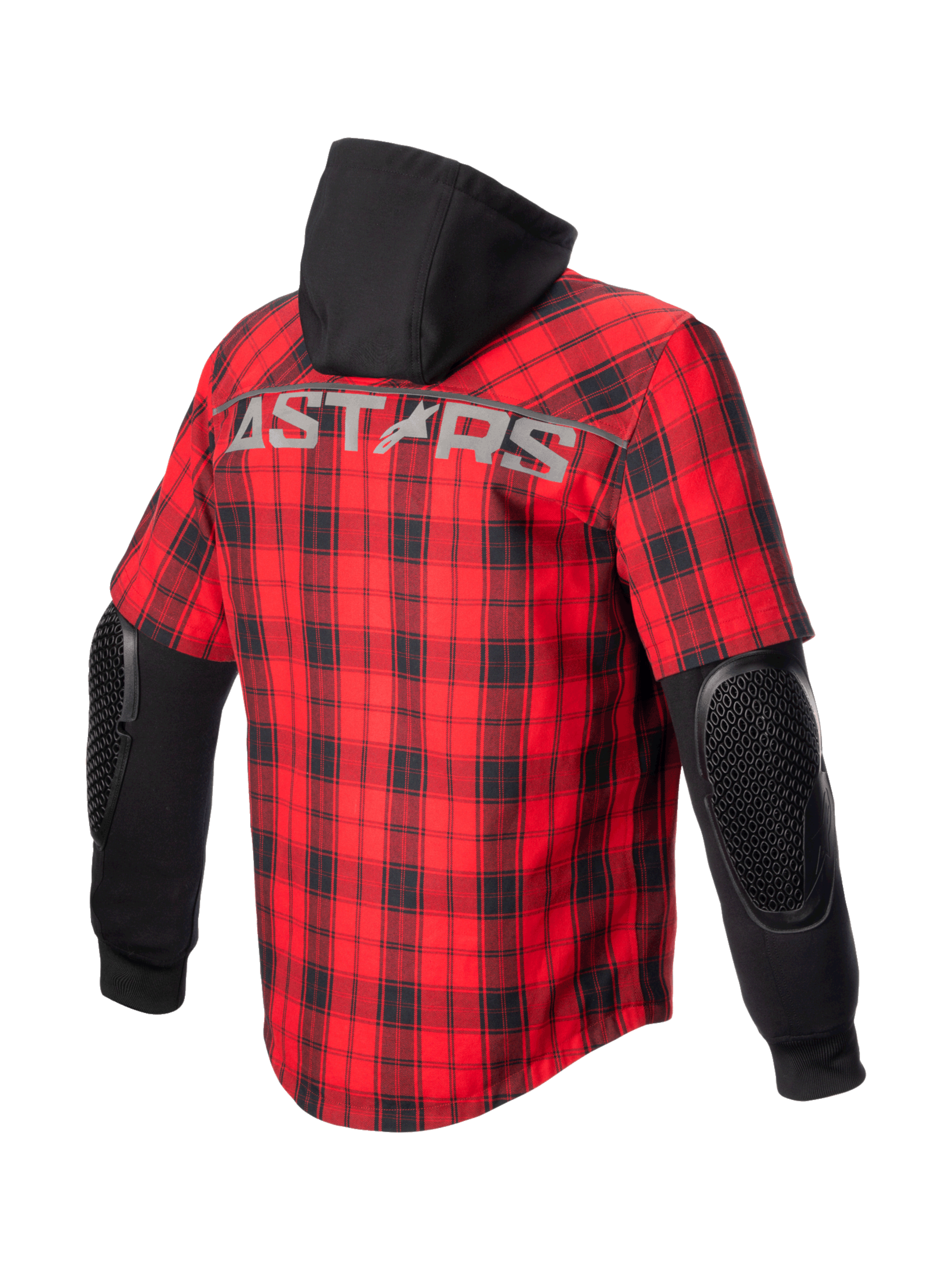 Camisa Alpinestars MO.ST.EQ Tartan, chaqueta de moto de hombre, roja y negra, con protección de codo expuesta y capucha fija.