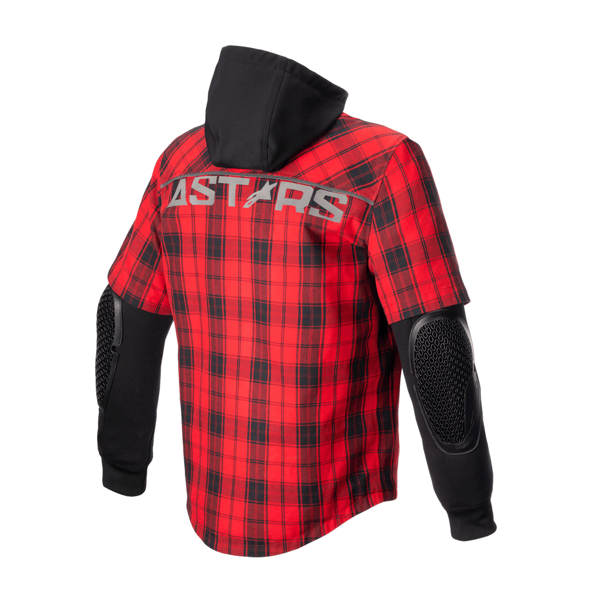Camisa Alpinestars MO.ST.EQ Tartan, chaqueta-camisa para motociclismo, rojo llama y negro, vista trasera que muestra el patrón de cuadros rojos, capucha negra, mangas largas negras con armadura de nido de abeja expuesta en los codos y logotipo ASTARS en los hombros