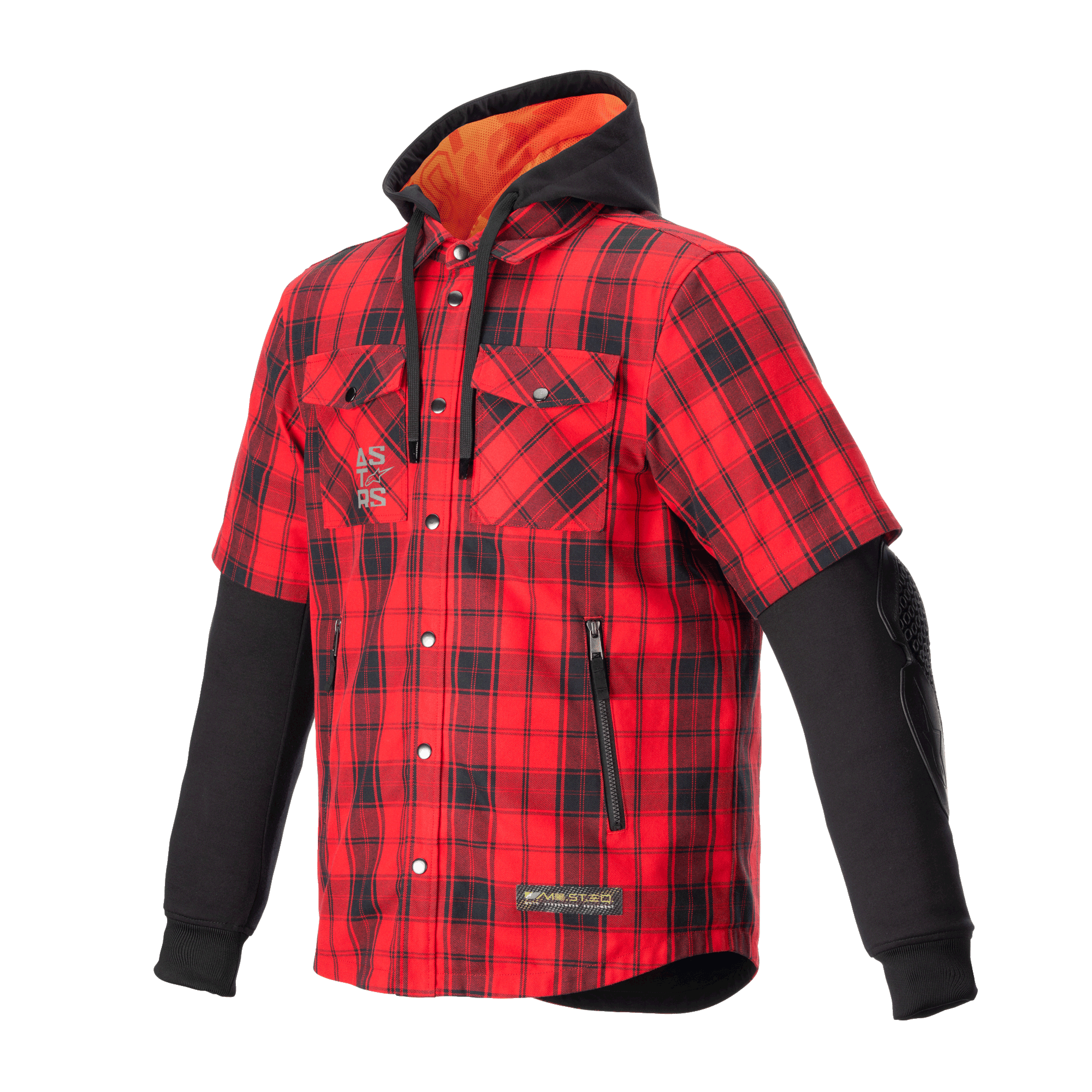 Alpinestars MO.ST.EQ Tartan Shirt, camisa de motociclismo a cuadros en rojo y negro, diseño híbrido con mangas exteriores cortas y mangas interiores largas negras, capucha negra con forro de malla naranja, parte delantera con botones a presión y bolsillos con cremallera, equipamiento de protección para conducción urbana
