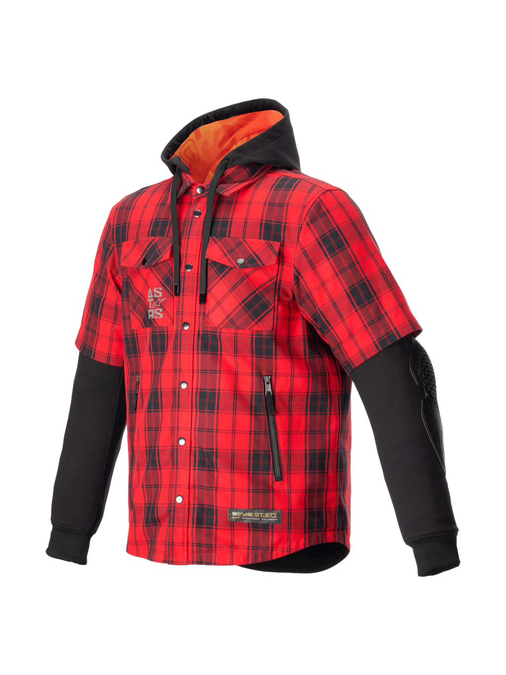 Alpinestars MO.ST.EQ Tartan, camisa de moto urbana para hombre, rojo llama y negro, con capucha y protección CE