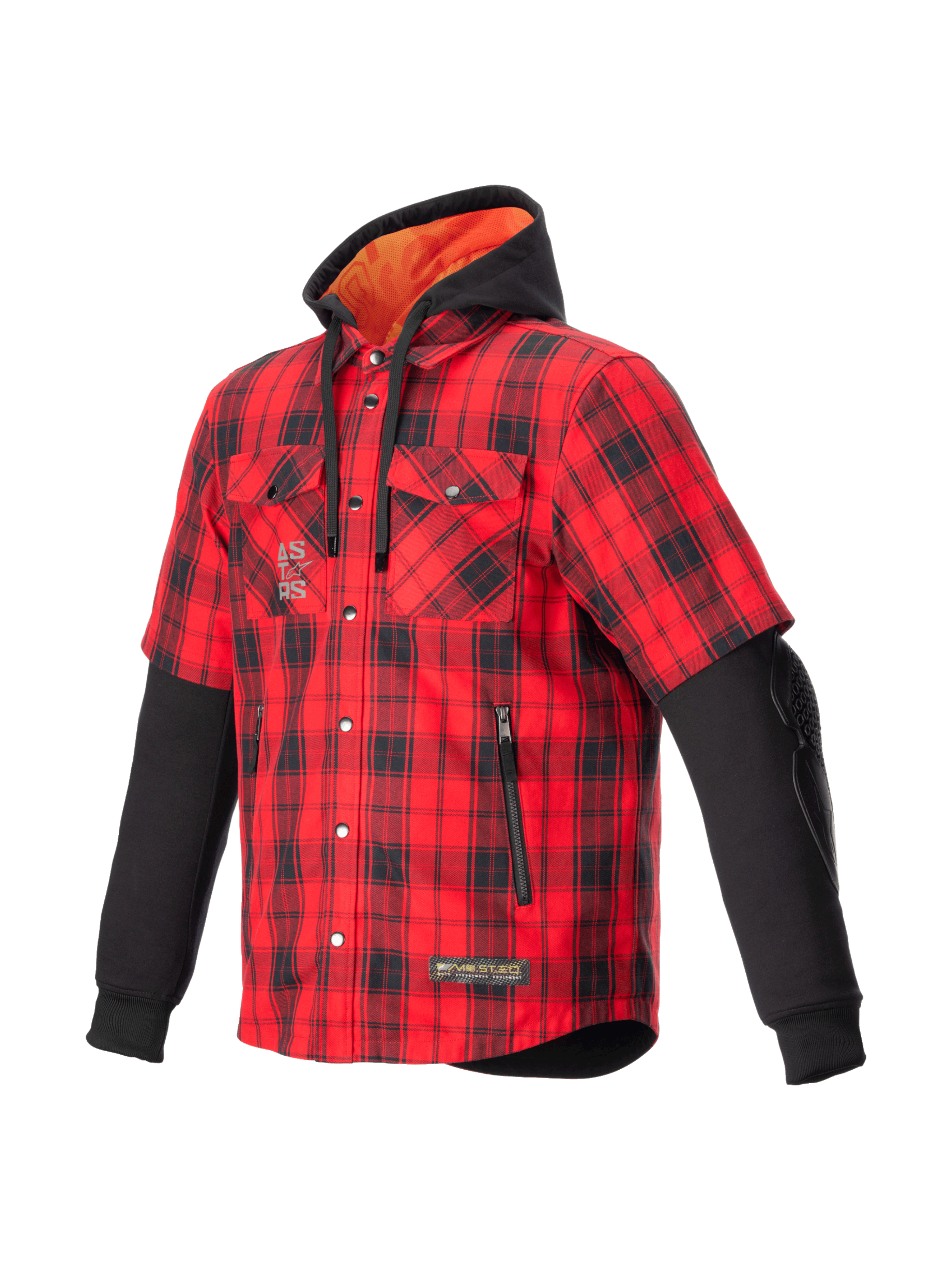 Alpinestars MO.ST.EQ Tartan, camisa de moto urbana para hombre, rojo llama y negro, con capucha y protección CE