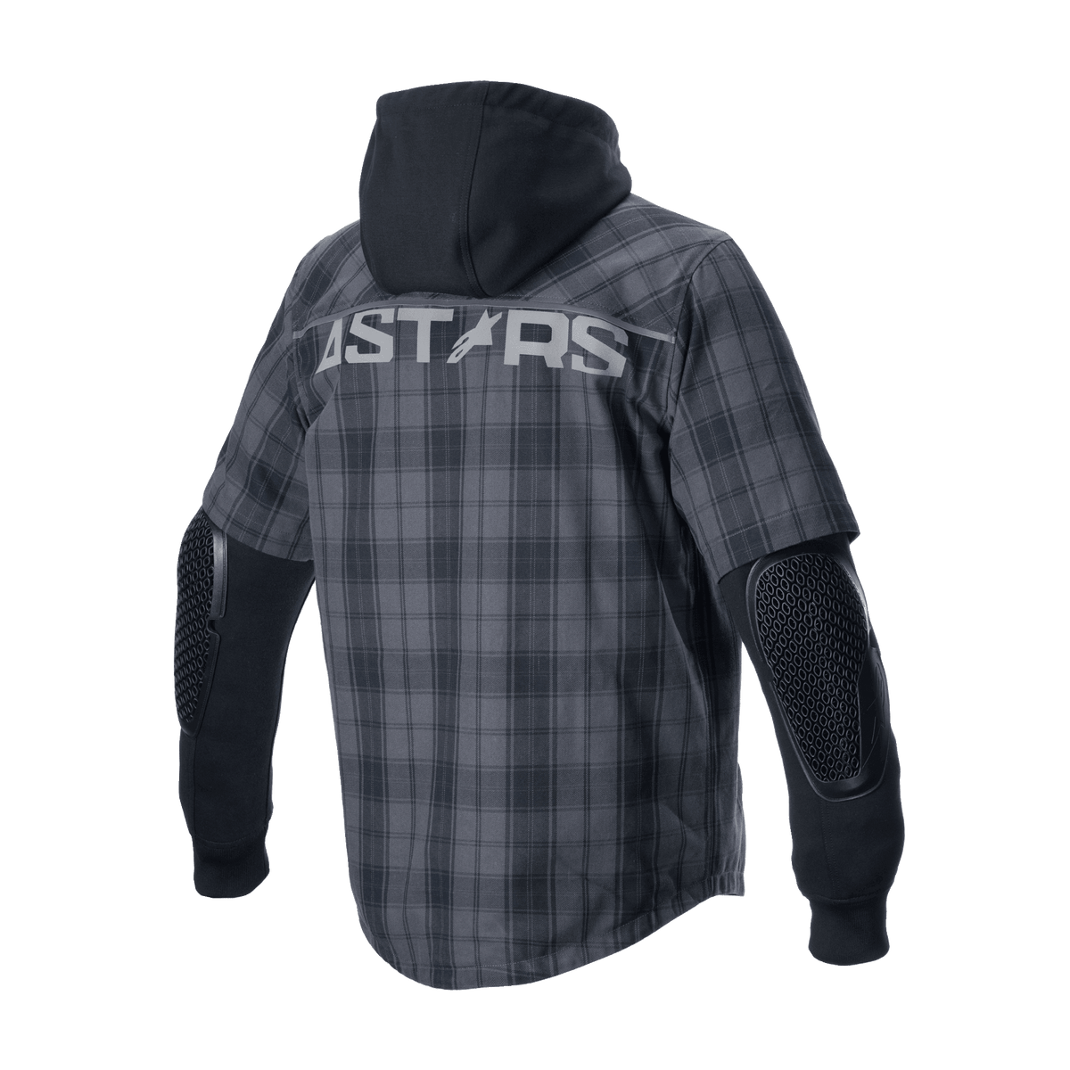 Camisa Alpinestars MO.ST.EQ Tartan, chaqueta de moto urbana, color Tar Gray Black, vista trasera con la marca 'ASTARS' en los hombros, capucha negra fija y protecciones de nido de abeja expuestas en los codos con mangas largas negras