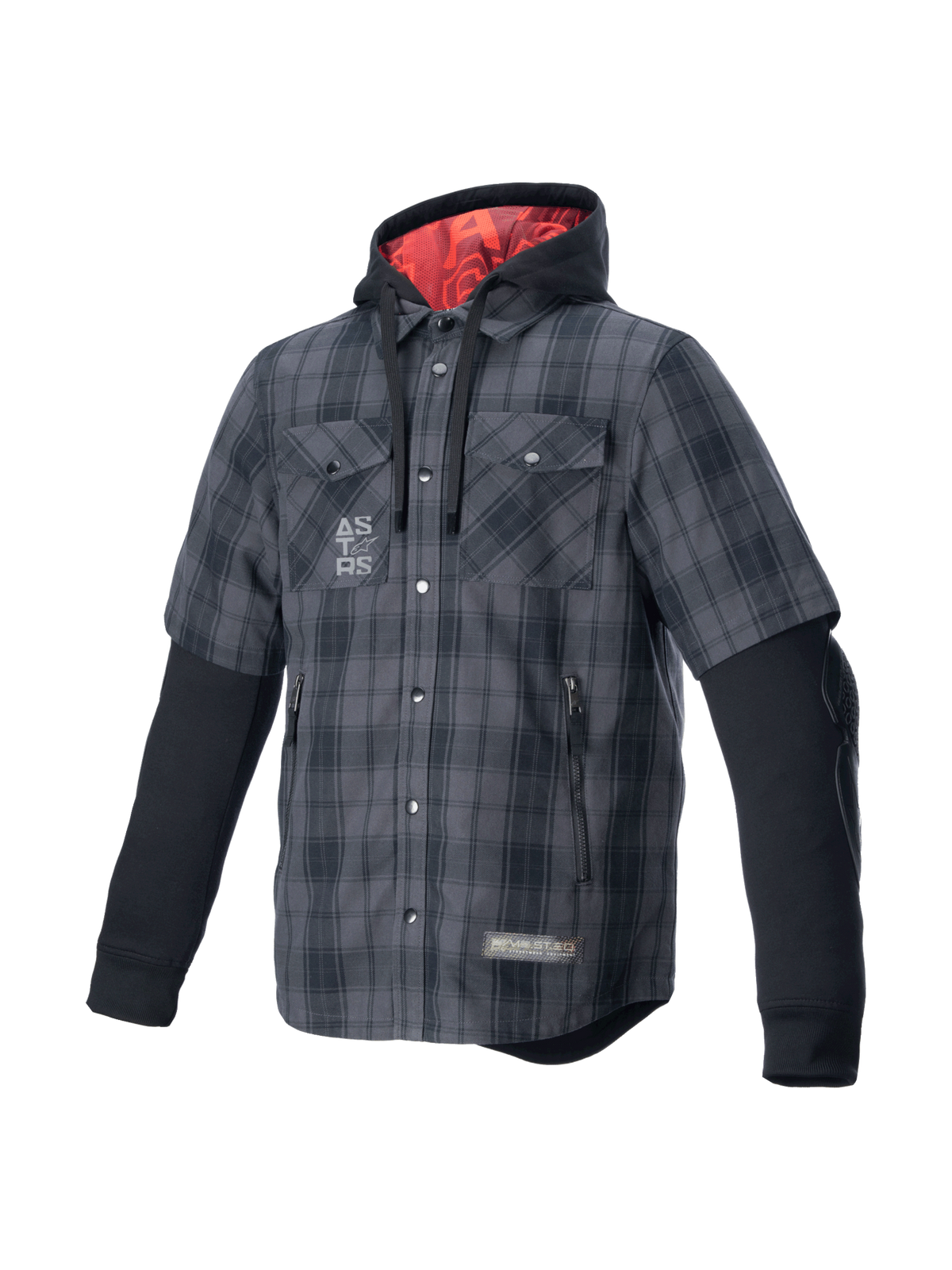 Alpinestars camisa MO.ST.EQ Tartan, sobrecamisa de moto urbana en gris y negro con capucha de forro rojo y protecciones
