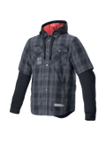 Alpinestars MO.ST.EQ Tartan Shirt, gray and black armored riding garment with a red-lined hood for urban motorcycle style.