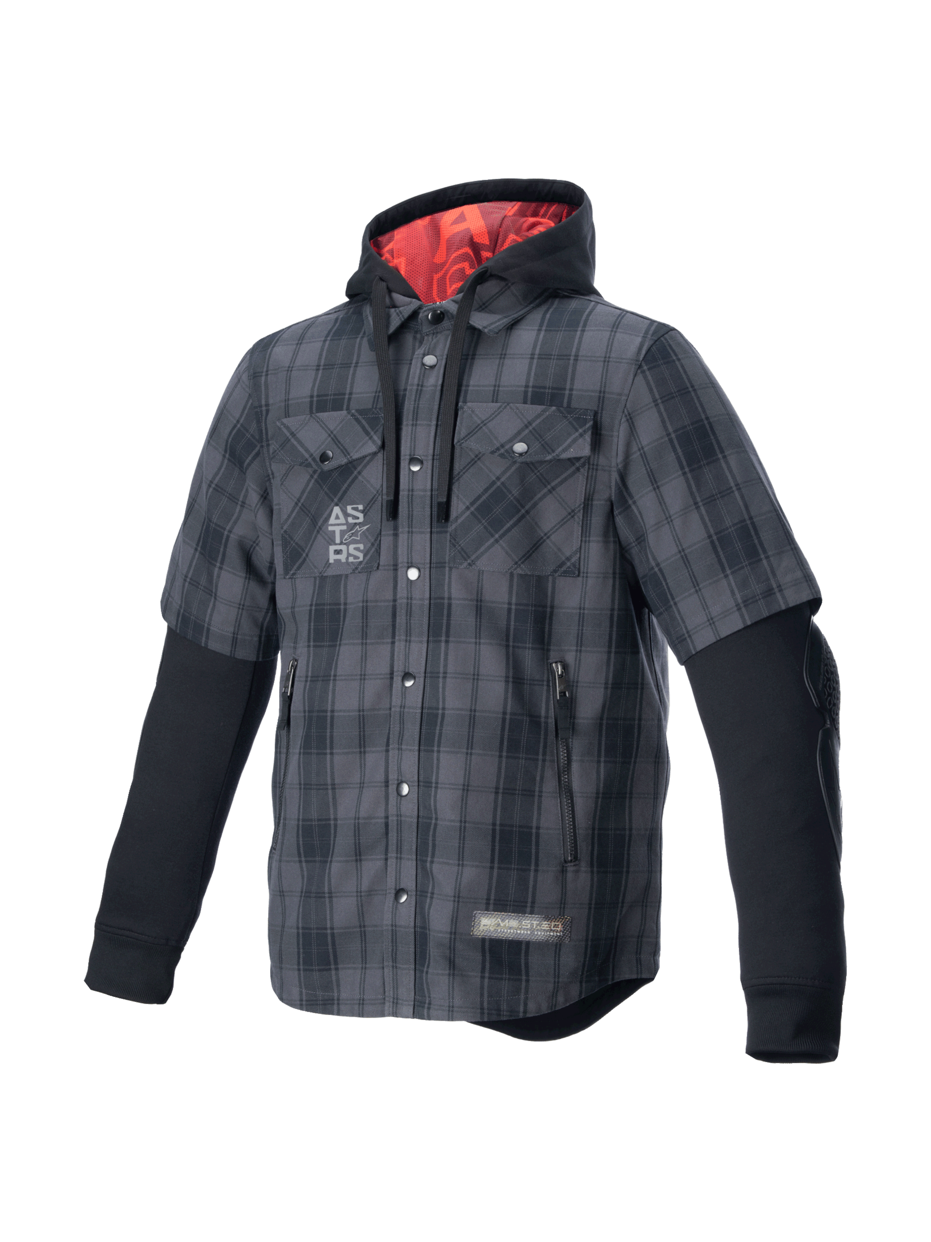 Alpinestars camisa MO.ST.EQ Tartan, sobrecamisa de moto urbana en gris y negro con capucha de forro rojo y protecciones