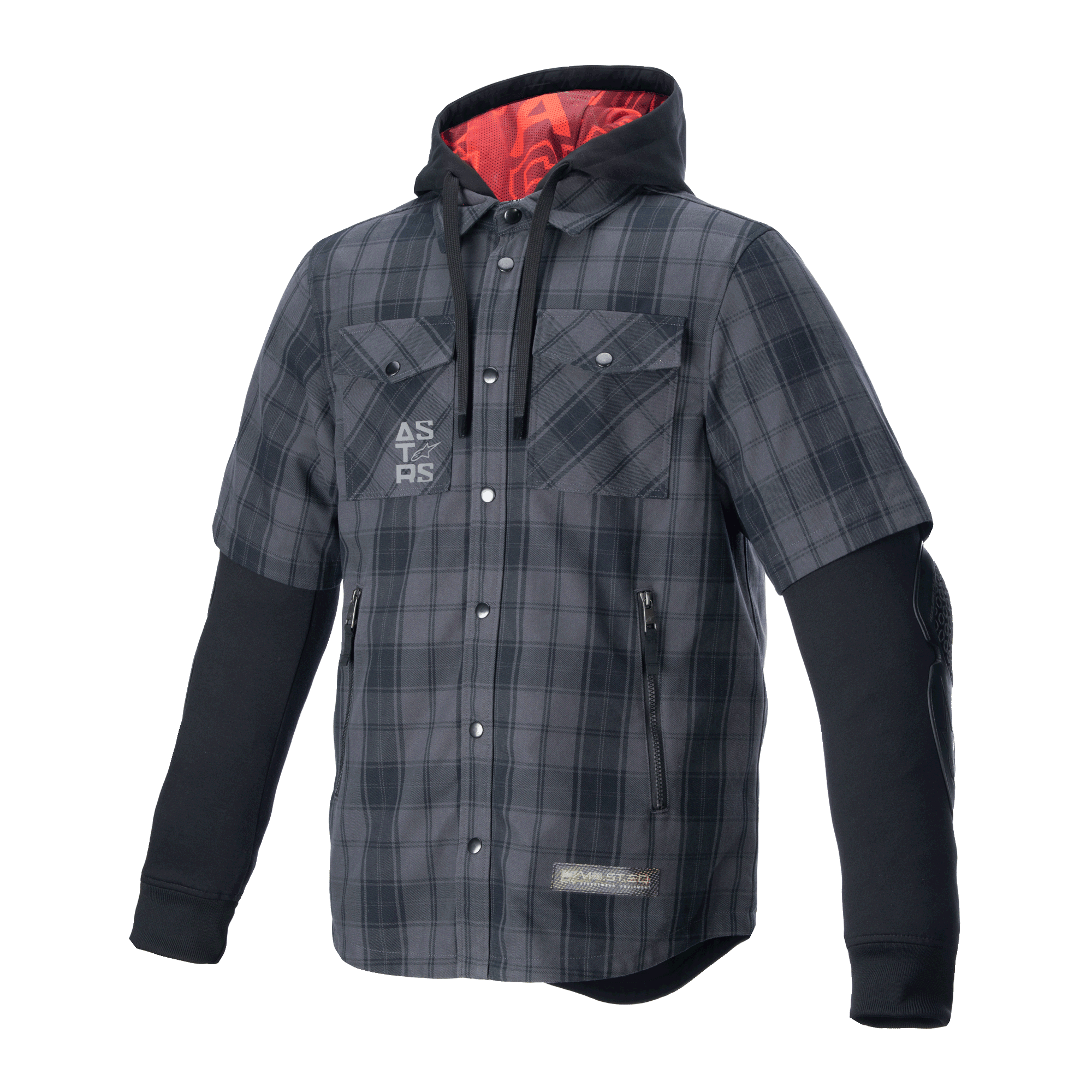 Alpinestars MO.ST.EQ Tartan Shirt, chaqueta-camisa protectora para moto, diseño de cuadros gris y negro, exterior de cuadros de manga corta con sudadera con capucha integrada de manga larga negra, forro de capucha rojo, bolsillos en el pecho y manos, ropa urbana para conducción casual