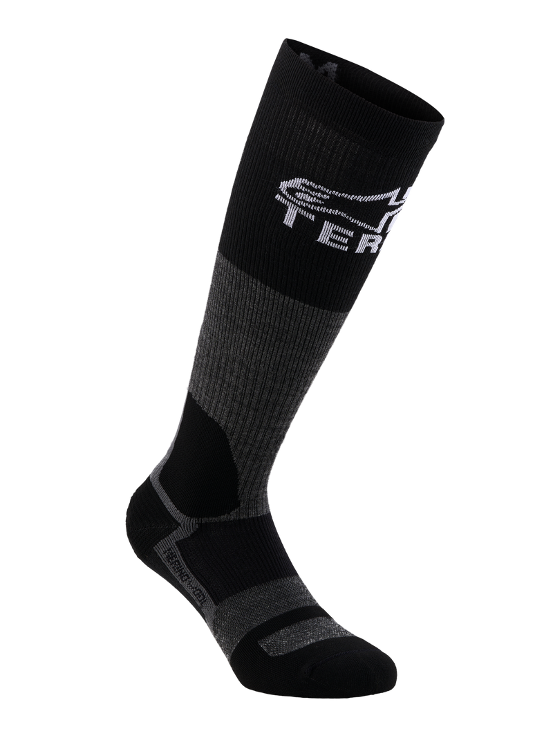 Alpinestars AT-8 Merino Socks, adventure motorcycle riding socks in Tar Gray and Black, featuring thermal merino wool construction and reinforced panels