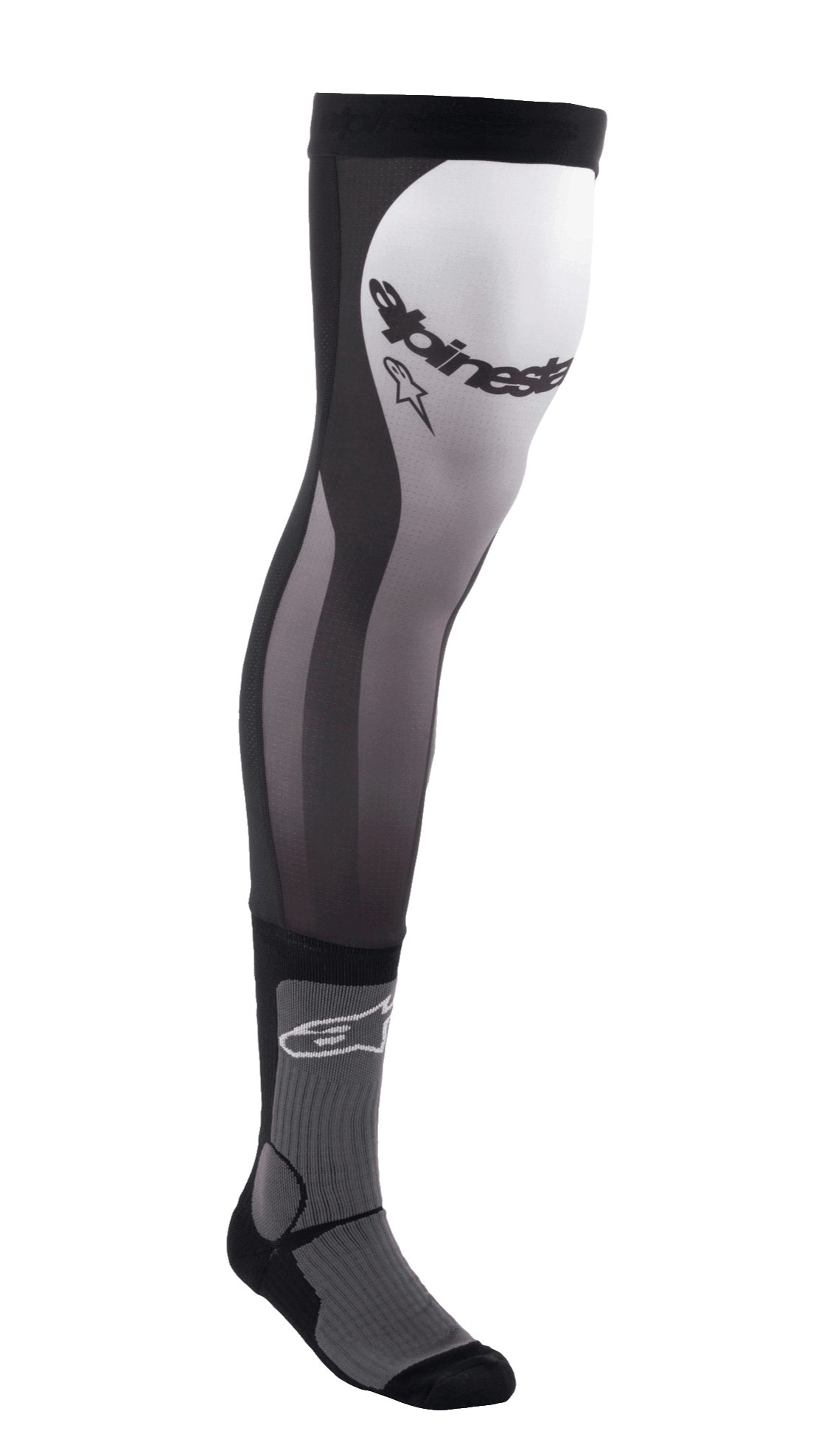Alpinestars Knee Brace Socks, calcetines largos de motocross, negro, blanco y gris, diseño por encima de la rodilla con parte superior de Lycra elástica, inserciones de malla, acolchado de tobillo acanalado y logotipo de Alpinestars en el muslo