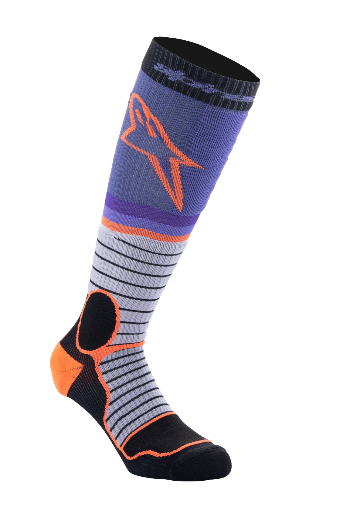 Alpinestars MX Pro Socks V2, calcetines de motocross hasta la rodilla, negro, gris, morado y naranja, construcción de costillas, diseño con rayas horizontales, equipamiento de alto rendimiento para conducción