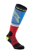 Alpinestars MX Pro Socks V2, calcetines de motocross hasta la rodilla, negro, rojo y azul claro, diseño deportivo acanalado con logo de estrella amarilla, tejido de alto rendimiento que absorbe la humedad para carreras off-road
