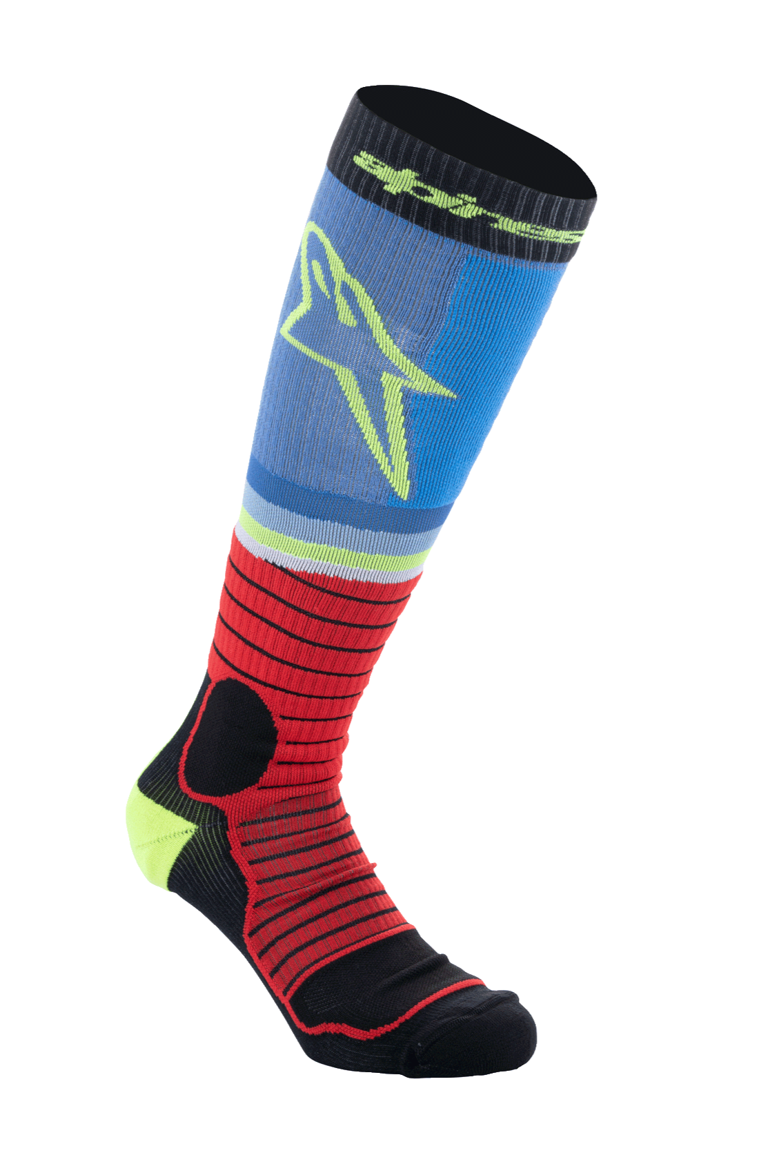 Alpinestars MX Pro Socks V2, calcetines de motocross hasta la rodilla, negro, rojo y azul claro, diseño deportivo acanalado con logo de estrella amarilla, tejido de alto rendimiento que absorbe la humedad para carreras off-road
