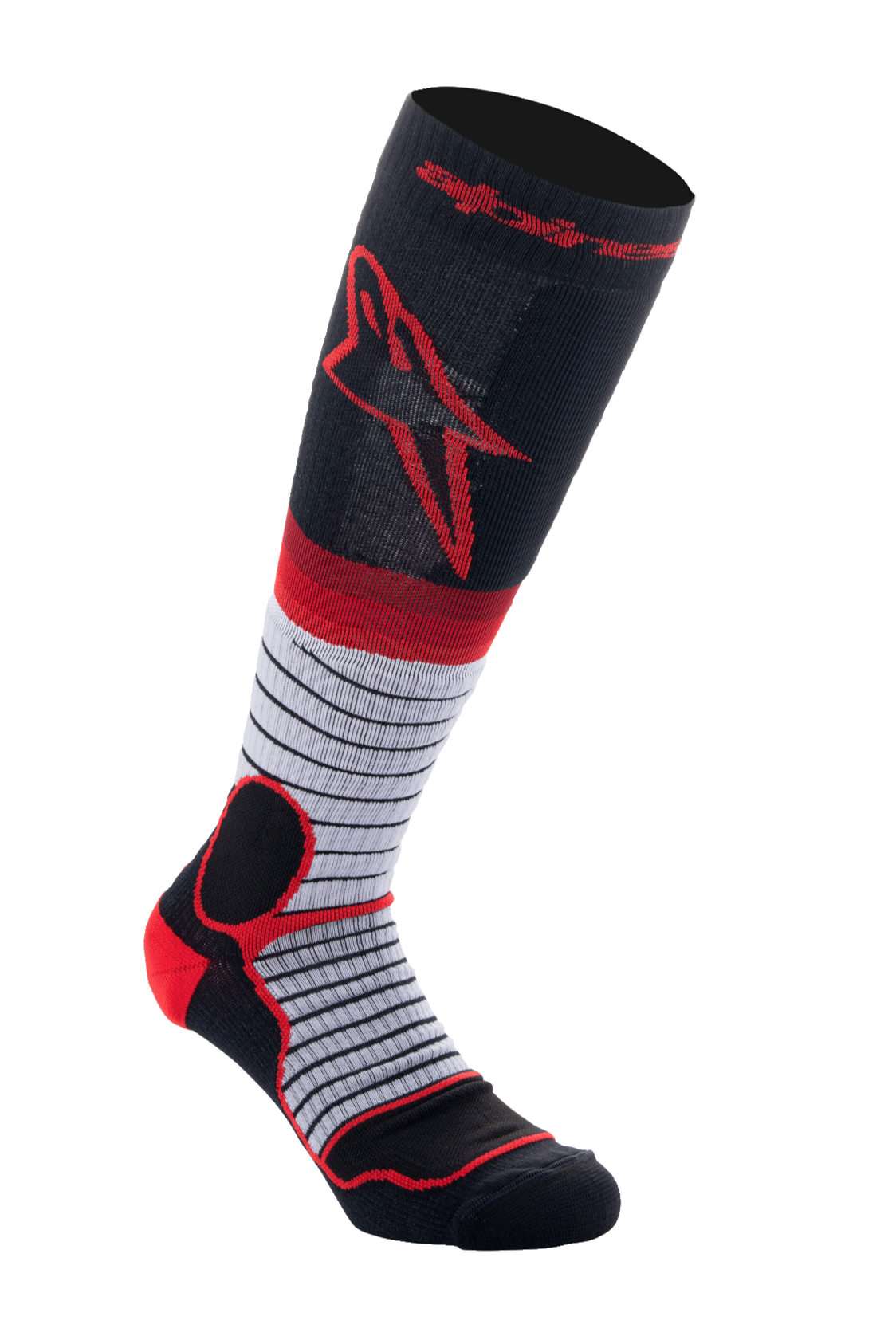 Alpinestars MX Pro Socks V2, calcetines altos de motocross, negro, gris y rojo, con el logotipo Astar rojo en la pantorrilla, sección media gris con finas rayas negras horizontales y acolchado rojo reforzado en talón y tobillo, calcetines técnicos para conducción off-road