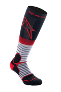 Alpinestars MX Pro Socks V2, calcetines altos de motocross, negro, gris y rojo, con el logotipo Astar rojo en la pantorrilla, sección media gris con finas rayas negras horizontales y acolchado rojo reforzado en talón y tobillo, calcetines técnicos para conducción off-road