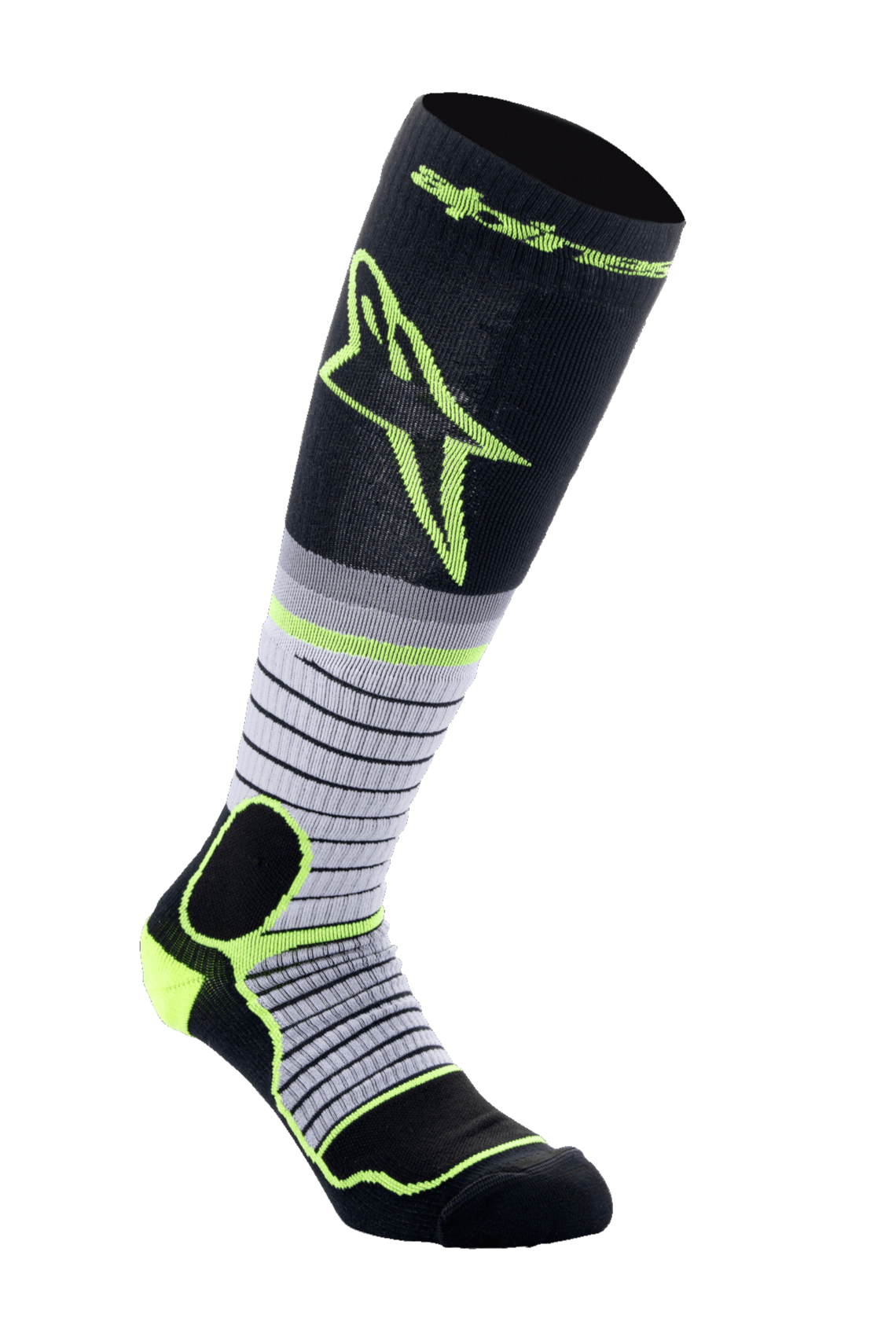 Alpinestars MX Pro Socks V2, calcetines de motocross, negro, gris y amarillo flúor, diseño hasta la rodilla con rayas horizontales y un gran logotipo amarillo, con acolchado reforzado para botas de moto off-road