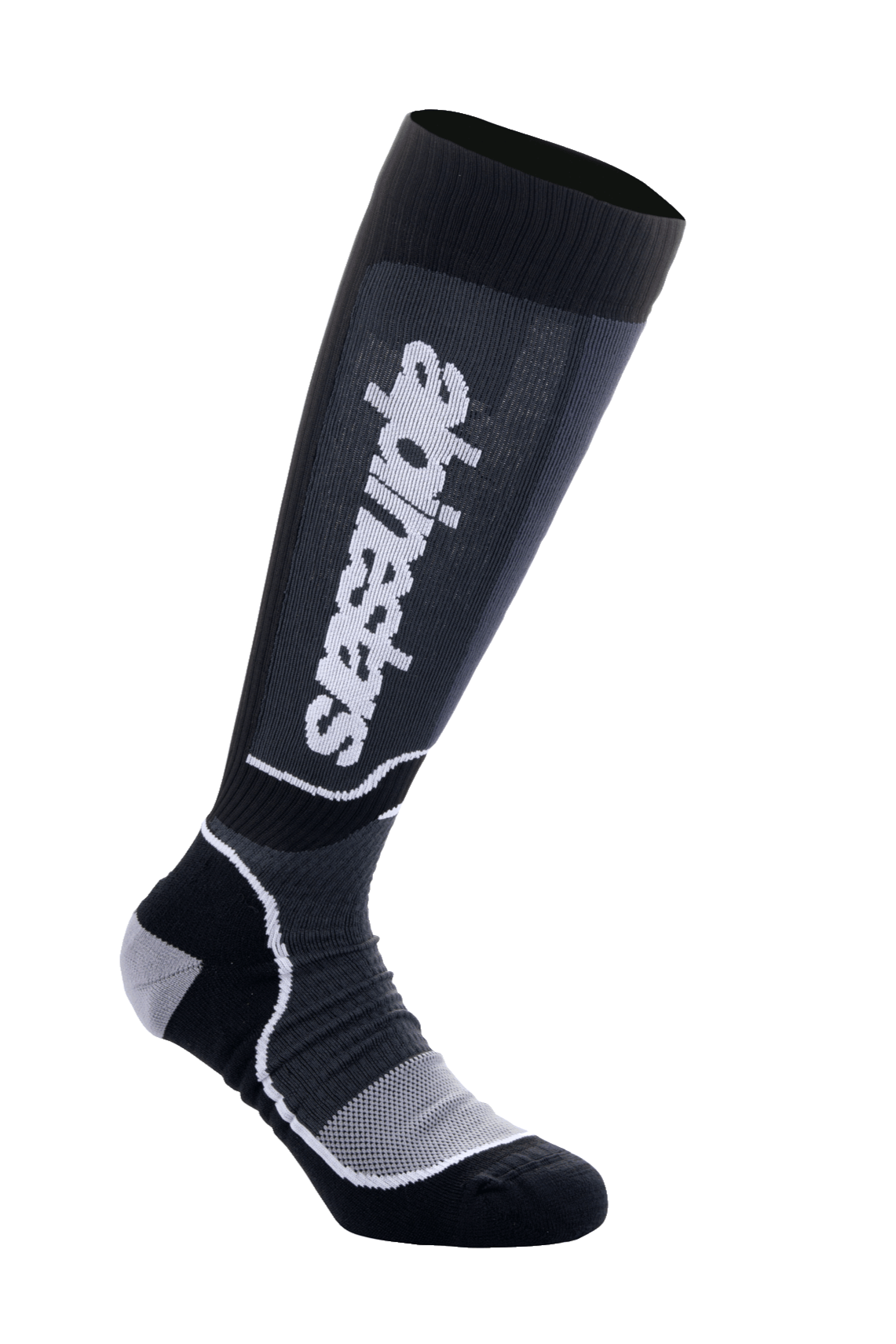 Alpinestars MX Plus Socks, calcetines altos de motocross, negros y grises, logotipo blanco, con soporte acanalado en la pantorrilla, talón y puntera reforzados y zona del pie de malla transpirable, diseño de rendimiento técnico para botas off-road