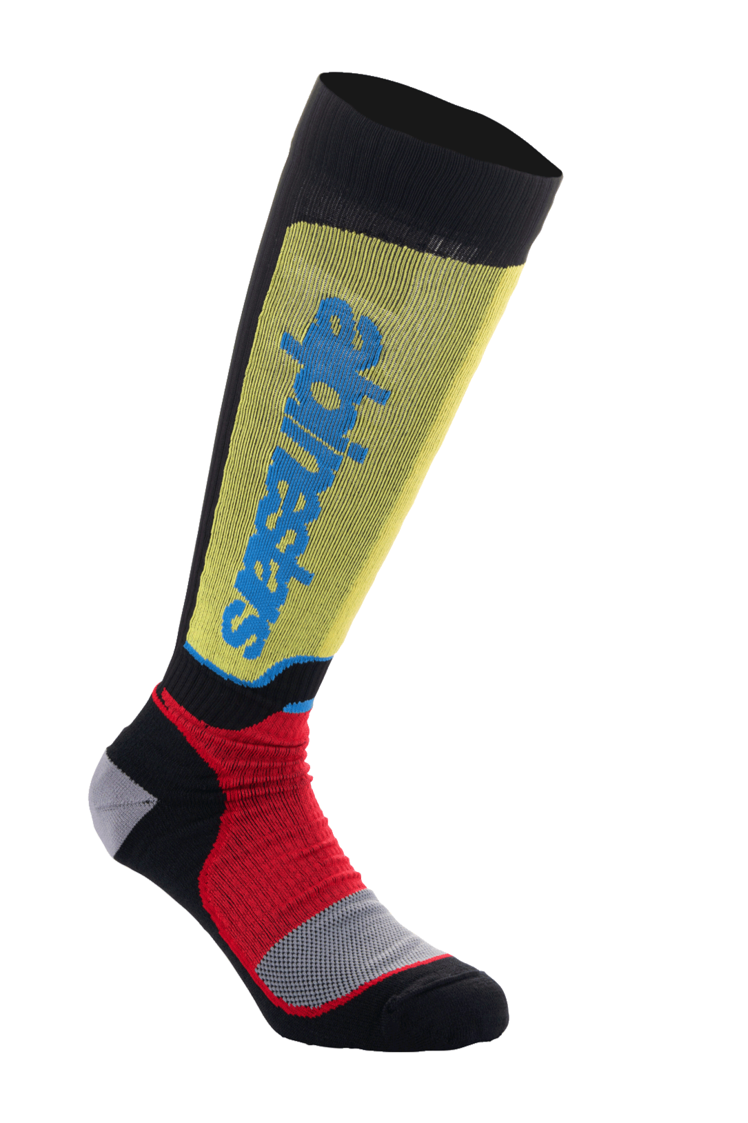 Calcetines Alpinestars MX Plus, calcetines para motocross, negros, amarillos y rojos con logotipo azul, diseño hasta la rodilla con textura acanalada y acolchado gris reforzado, calcetines técnicos de alto rendimiento para off-road