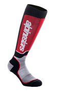 Alpinestars MX Plus Socks, calcetines de motocross, negro, gris y rojo, con logotipo vertical de Alpinestars en blanco sobre un panel rojo en la pantorrilla, tejido técnico acanalado y talón y puntera reforzados