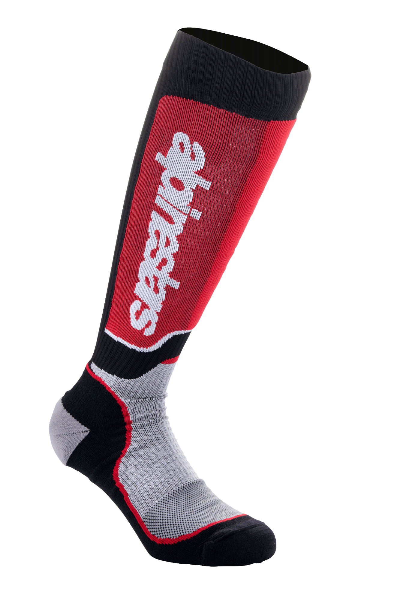 Alpinestars MX Plus Socks, calcetines de motocross, negro, gris y rojo, con logotipo vertical de Alpinestars en blanco sobre un panel rojo en la pantorrilla, tejido técnico acanalado y talón y puntera reforzados