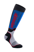 Alpinestars MX Plus Socks, calcetines de motocross, negro, azul real y gris, con el logotipo de Alpinestars en rojo, textura acanalada para mayor elasticidad, zonas de ventilación de malla y acolchado reforzado para comodidad off-road