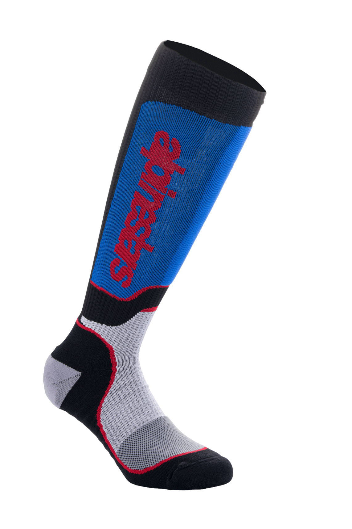 Alpinestars MX Plus Socks, calcetines de motocross, negro, azul real y gris, con el logotipo de Alpinestars en rojo, textura acanalada para mayor elasticidad, zonas de ventilación de malla y acolchado reforzado para comodidad off-road